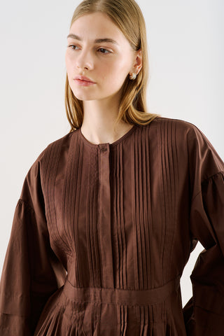 Pintuck-Detail Dress With Wide Sleeves Dark Brown