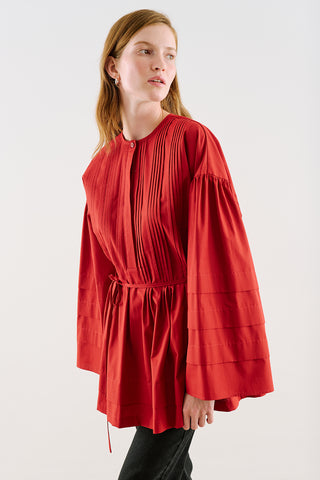 Belted Tunic With Pintuck Detail Red