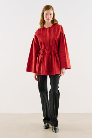 Belted Tunic With Pintuck Detail Red