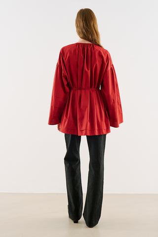 Belted Tunic With Pintuck Detail Red