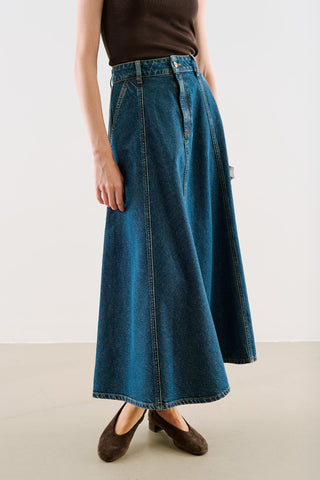Long-Seam Denim Skirt Blue