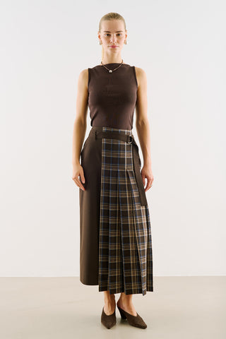 Pleated Checked Skirt With Belt Brown