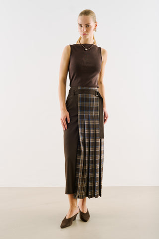 Pleated Checked Skirt With Belt Brown