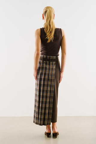 Pleated Checked Skirt With Belt Brown