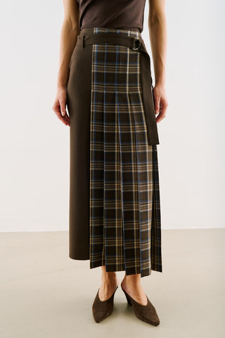 Pleated Checked Skirt With Belt Brown