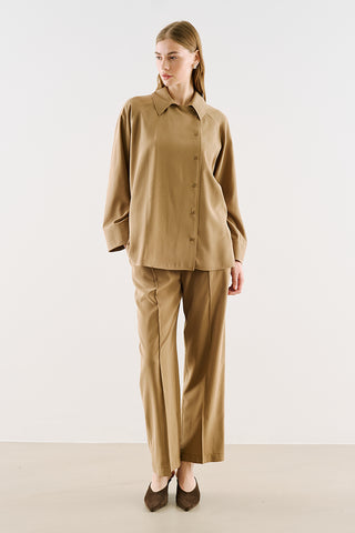 Draped Wrap-Collar Shirt Camel