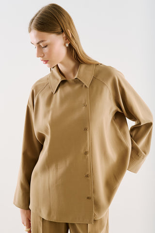 Draped Wrap-Collar Shirt Camel