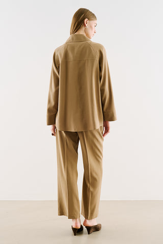 Draped Wrap-Collar Shirt Camel