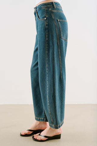 Mid-Rise Barrel-Leg Jeans Blue