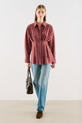 Cropped Printed Shirt With Pleat Detail Burgundy Striped