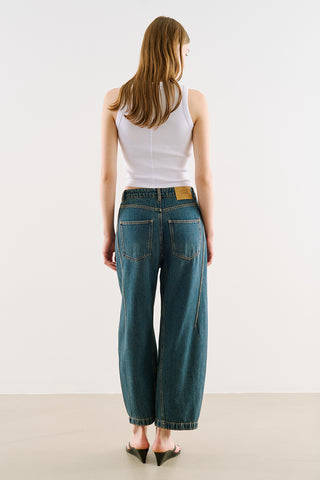 Mid-Rise Barrel-Leg Jeans Blue