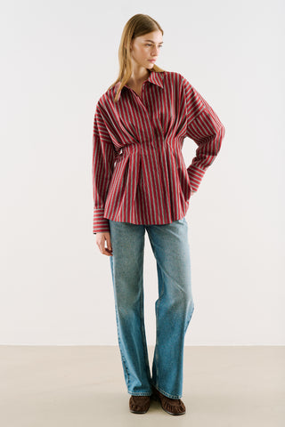 Cropped Printed Shirt With Pleat Detail Burgundy Striped