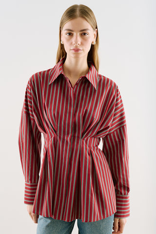 Cropped Printed Shirt With Pleat Detail Burgundy Striped