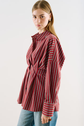 Cropped Printed Shirt With Pleat Detail Burgundy Striped