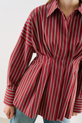 Cropped Printed Shirt With Pleat Detail Burgundy Striped