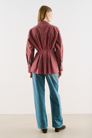 Cropped Printed Shirt With Pleat Detail Burgundy Striped