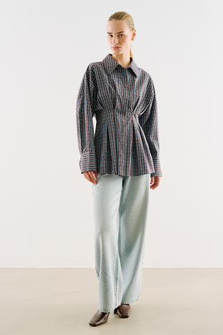 Cropped Printed Shirt With Pleat Detail Brown Plaid