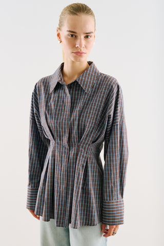 Cropped Printed Shirt With Pleat Detail Brown Plaid