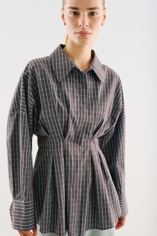 Cropped Printed Shirt With Pleat Detail Brown Plaid