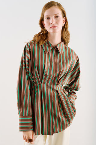 Cropped Printed Shirt With Pleat Detail Brown Striped