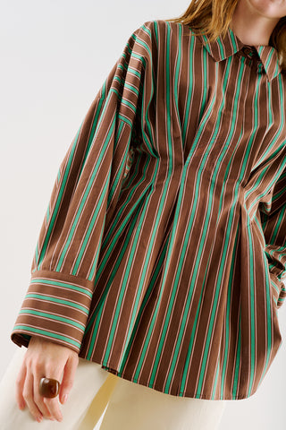 Cropped Printed Shirt With Pleat Detail Brown Striped