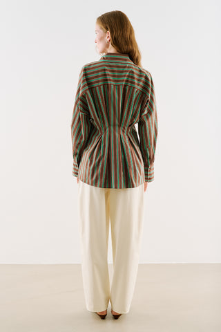 Cropped Printed Shirt With Pleat Detail Brown Striped
