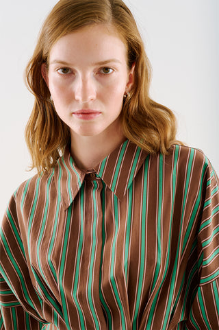 Cropped Printed Shirt With Pleat Detail Brown Striped