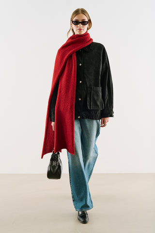 Oversized Jacket With Leather-Trim Collar Black