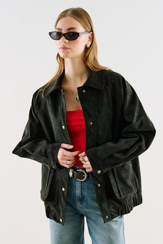 Oversized Jacket With Leather-Trim Collar Black