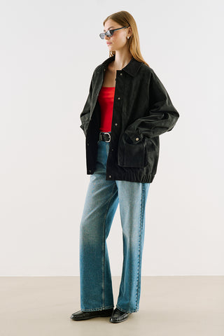 Oversized Jacket With Leather-Trim Collar Black