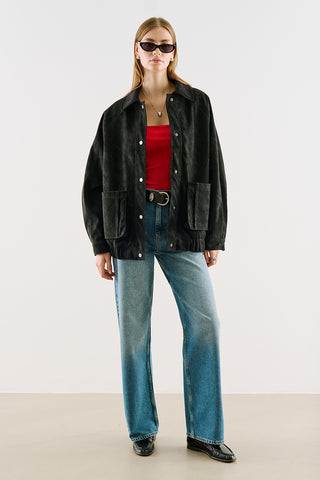 Oversized Jacket With Leather-Trim Collar Black
