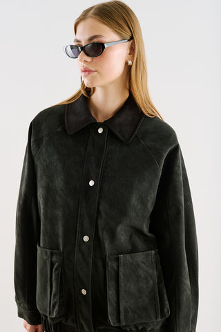 Oversized Jacket With Leather-Trim Collar Black
