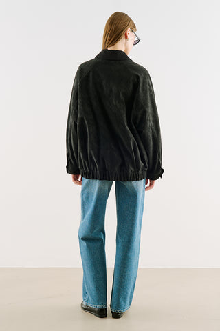 Oversized Jacket With Leather-Trim Collar Black