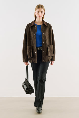Oversized Jacket With Leather-Trim Collar Brown