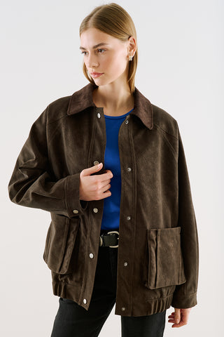 Oversized Jacket With Leather-Trim Collar Brown