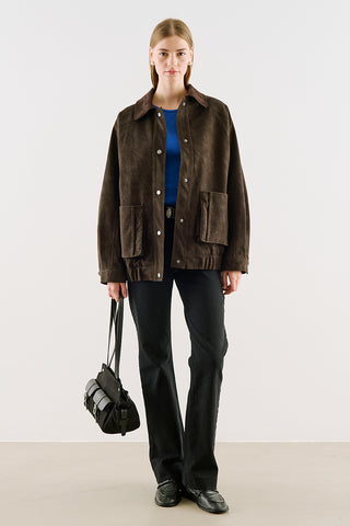 Oversized Jacket With Leather-Trim Collar Brown