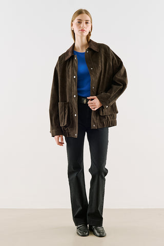 Oversized Jacket With Leather-Trim Collar Brown