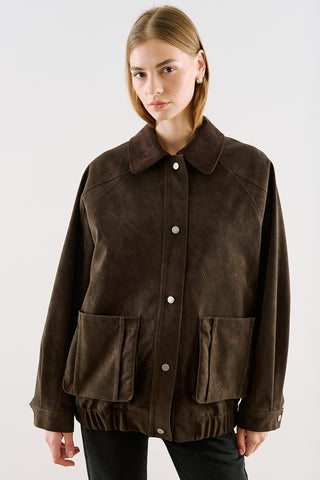Oversized Jacket With Leather-Trim Collar Brown