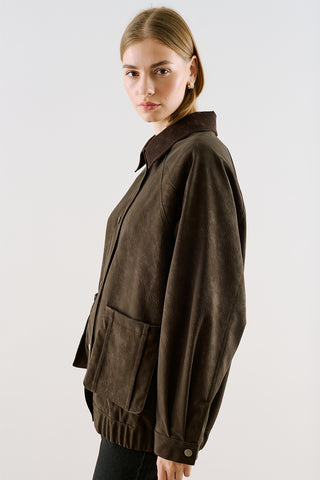 Oversized Jacket With Leather-Trim Collar Brown