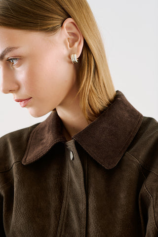 Oversized Jacket With Leather-Trim Collar Brown