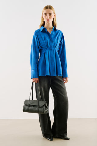Cropped Printed Shirt With Pleat Detail Blue Striped