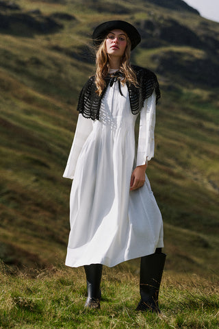 Pintuck-Detail Dress With Wide Sleeves Ecru