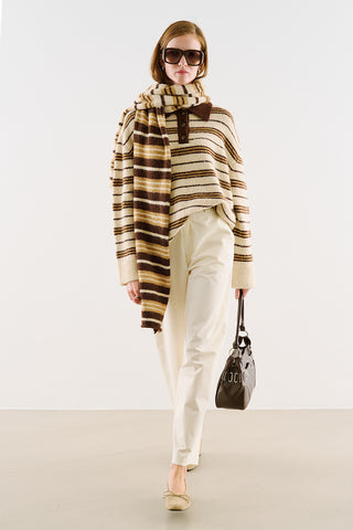 Striped Polo-Collar Knit Sweater Beige