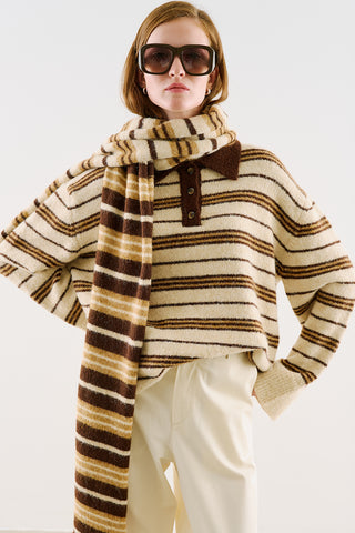 Striped Polo-Collar Knit Sweater Beige