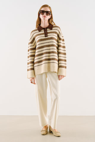 Striped Polo-Collar Knit Sweater Beige