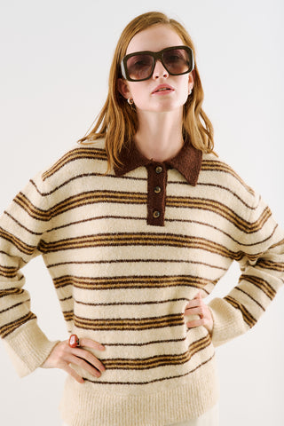 Striped Polo-Collar Knit Sweater Beige