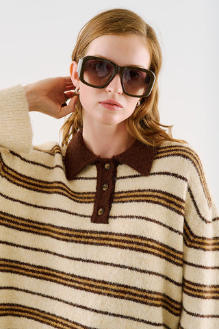 Striped Polo-Collar Knit Sweater Beige