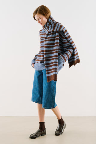 Striped Polo-Collar Knit Sweater Blue