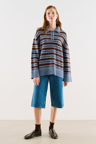 Striped Polo-Collar Knit Sweater Blue