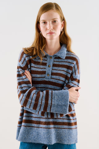 Striped Polo-Collar Knit Sweater Blue